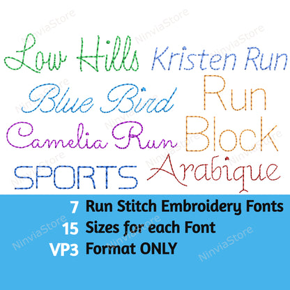 7 VP3 Bean Stitch-Stickschriftarten-Paket, Run Stitch Maschinenstickschrift VP3, Monogramm-Alphabet-Stickdesign, Script Cursive VP3-Schriftart für Stickereien