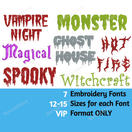 7 VIP-Halloween-Stickschriftarten-Paket, Kinderschriftart VIP, Maschinenstickschriftart VIP, gruseliges Alphabet-Stickdesign, VIP-Schriftart für Stickerei