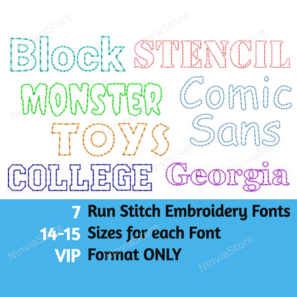 7 VIP Bean Stitch Fonts Bundle, Outline Run Stitch Machine Broderie Font VIP, Monogram Alphabet Broderie Design, College, Block VIP police pour la broderie