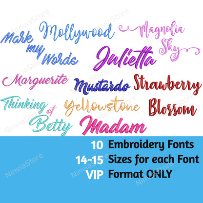 10 VIP Embroidery Script Fonts Bundle, Cursive Machine Embroidery Font VIP, Alphabet Embroidery Design, Calligraphy Monogram Font