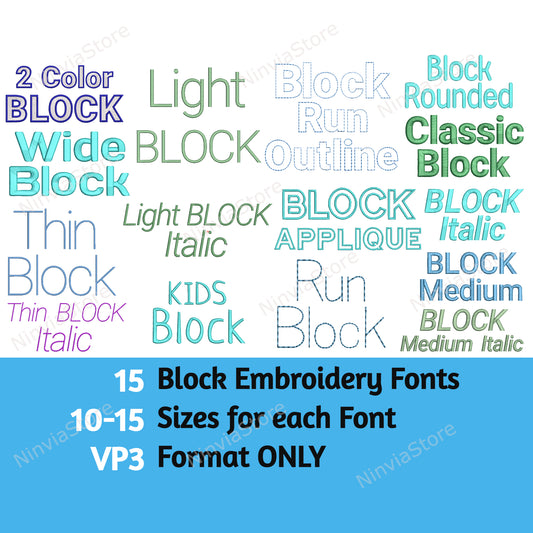 15 VP3 Block-Stickschriftarten Bundle, Maschinenstickschrift VP3, Alphabet-Stickdesign, VP3-Schriftart für Stickerei, Maschinenstickmonogramm-Schriftart
