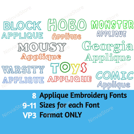 8 VP3 Applikations-Stickschriftarten Bundle, Applikationsmonogramm-Maschinenstickschrift VP3, Alphabet-Stickdesign, VP3-Schriftart für Stickerei
