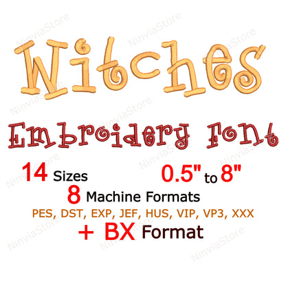 Police de broderie machine de sorcellerie, 15 tailles, 8 formats, police Halloween BX, police PE, motifs de broderie Alphabet monogramme Curlz