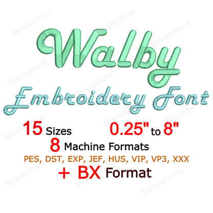 Walby Script Machine Embroidery Font, 15 sizes, 8 formats, BX Font, PE font, Monogram Alphabet Embroidery Designs