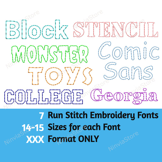 7 XXX Bean Stitch Fonts Bundle, Outline Run Stitch Machine Broderie Font XXX, Monogram Alphabet Broderie Design, College, Block XXX police pour la broderie