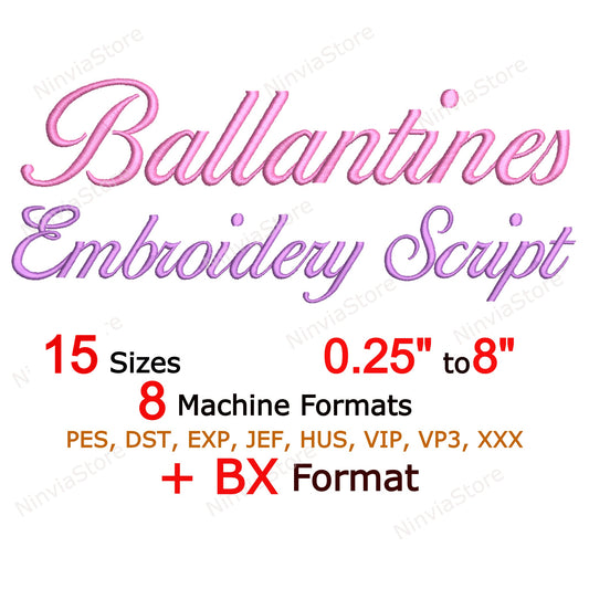 Ballantines Script Machine Embroidery Font, 15 sizes, 8 formats, BX Font, PES font, Monogram Alphabet Embroidery Designs