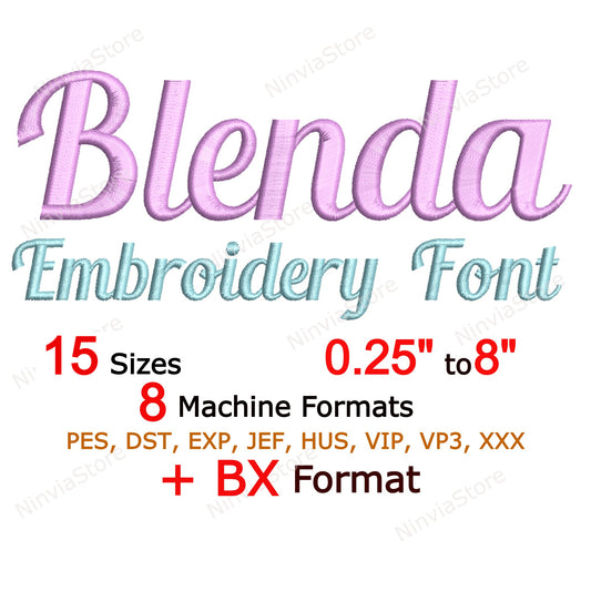 Blenda Script Maschinenstickschrift, 15 Größen, 8 Formate, BX-Schriftart, PE-Schriftart, Monogramm-Alphabet-Stickmotive