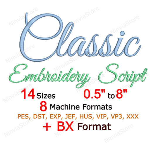 Classic Script Machine Embroidery Font, 14 sizes, 8 formats, BX Font, PE font, Monogram Alphabet Embroidery Designs