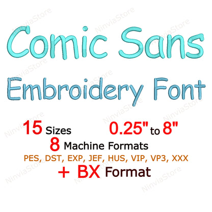 Police de broderie Comic Sans Machine, 15 tailles, 8 formats, police BX, police PE, motifs de broderie Monogram Alphabet