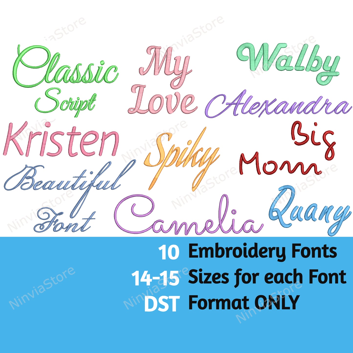 10 DST-Stickschriftarten-Paket, Alphabet-Stickdesign, Maschinenstickschrift DST, kursive DST-Schriftart für Stickereien, Kalligraphie-Monogramm-Stickschriftart DST