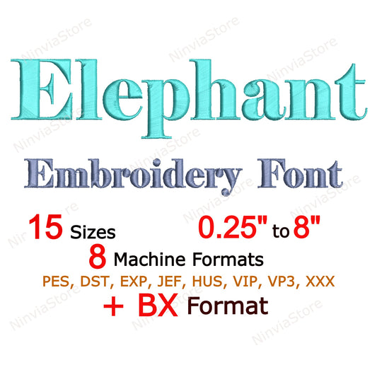 Police de broderie Machine Elephant, 15 tailles, 8 formats, police BX, police PE, motifs de broderie Monogram Alphabet