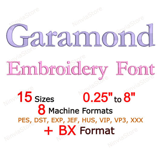 Police de broderie Machine Garamond, 15 tailles, 8 formats, police BX, police PE, motifs de broderie Monogram Alphabet