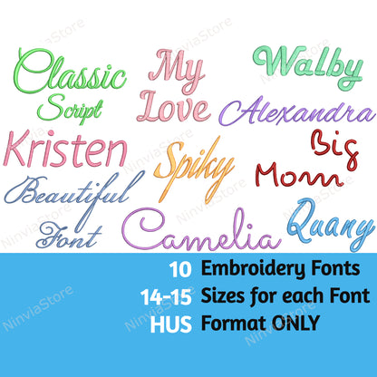 10 HUS-Stickschriftarten-Paket, Alphabet-Stickdesign, Maschinenstickschrift HUS, kursive HUS-Schriftart für Stickereien, Kalligraphie-Monogramm-Stickschriftart HUS