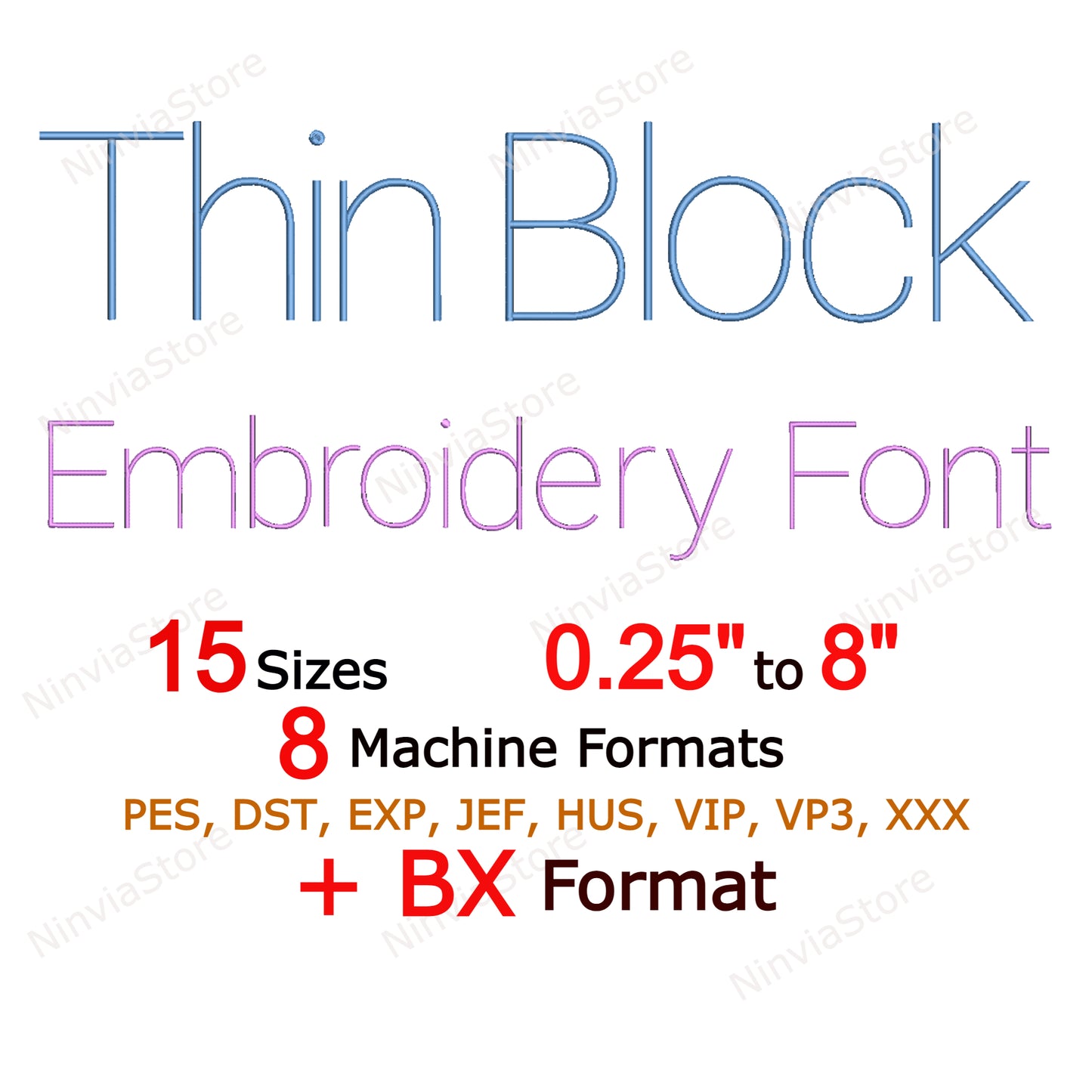 Dünne Block-Maschinenstickschrift, 15 Größen, 8 Formate, BX-Schriftart, PE-Schriftart, Monogramm-Alphabet-Stickmotive