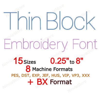 Thin Block Machine Embroidery Font, 15 sizes, 8 formats, BX Font, PE font, Monogram Alphabet Embroidery Designs