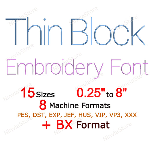 Police de broderie machine à bloc mince, 15 tailles, 8 formats, police BX, police PE, motifs de broderie Monogram Alphabet