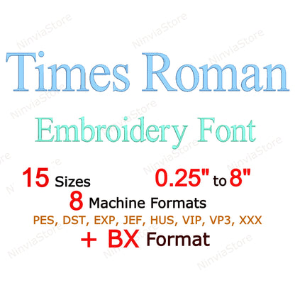 Police de broderie Machine Times Roman, 15 tailles, 8 formats, police BX, police PE, motifs de broderie Monogram Alphabet