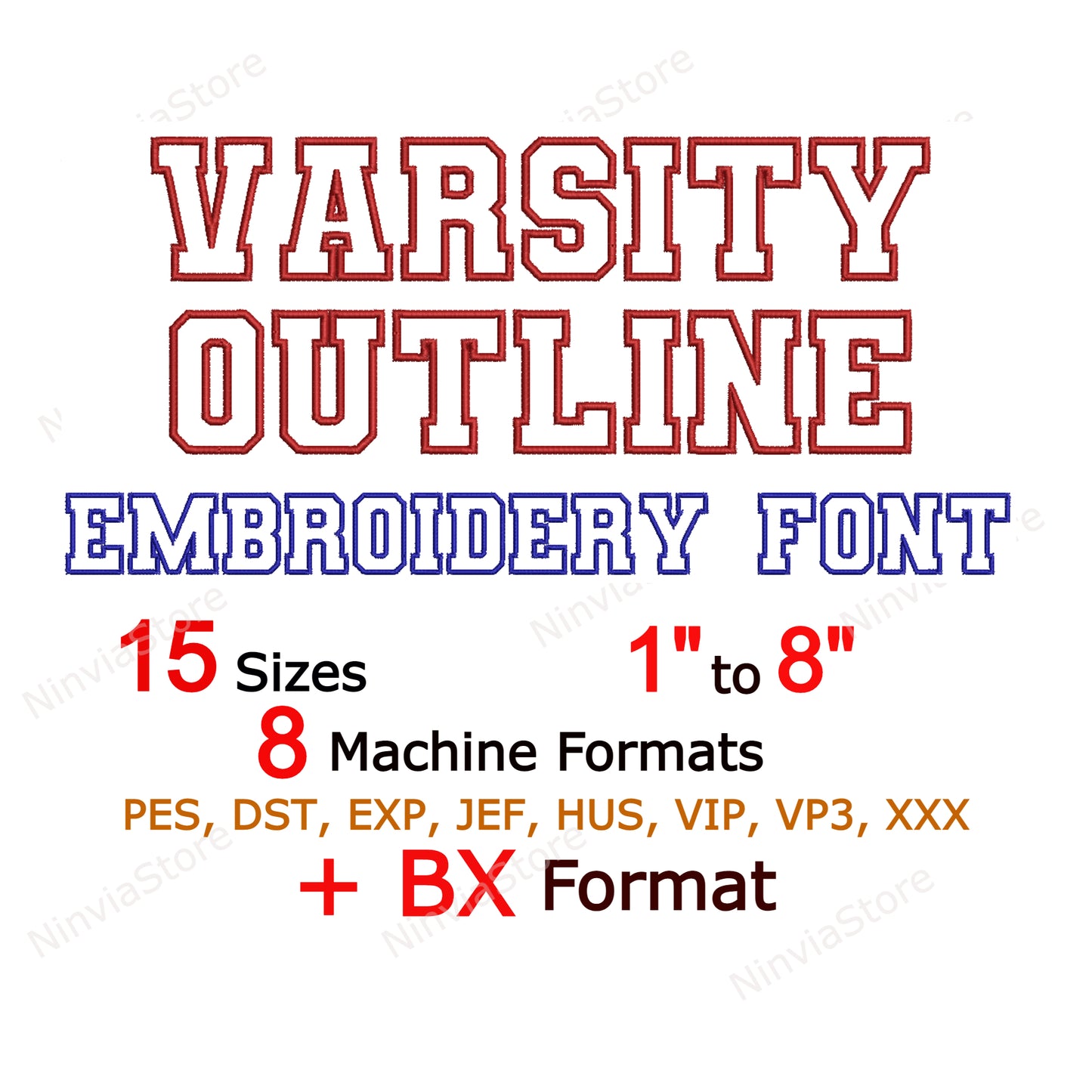 Police de broderie Machine Varsity Outline, 15 tailles, 8 formats, police BX, police PE, motifs de broderie Monogram Alphabet