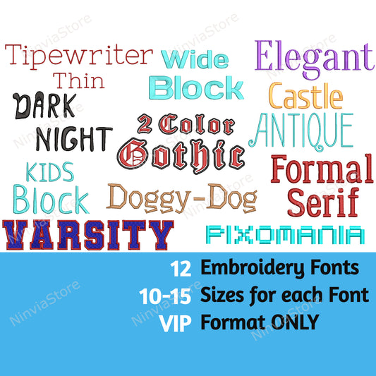 12 VIP-Stickschriftarten-Paket, Maschinenstickschrift VIP, kleine Stickschrift Monogramm-Alphabet-Stickdesign, VIP-Schriftart für Stickerei