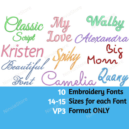 10 polices de script de broderie VP3 Bundle, motif de broderie alphabet, police de broderie machine VP3, police cursive VP3 pour la broderie, police de broderie monogramme de calligraphie VP3